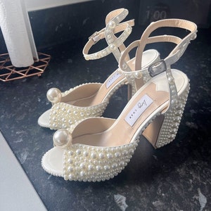 All-over Pearl Embellishment Chunky Wedding Sandals I Blockbridalheels ...