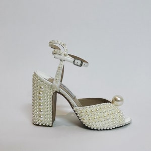 All-over Pearl Embellishment Chunky Wedding Sandals I Blockbridalheels ...