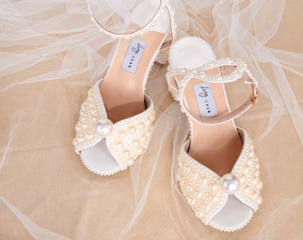Opulence70 I PearlChunkyWeddingSandals I BlockWeddingShoesI Open-toeWeddingHeel I BridalShoes I Brautschuhe I