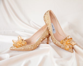 AliceCrystalGold l WeddingShoes I CzechDiamondOpen-toe BridalShoes I CinderellaWeddingShoes I WeddingShoes I Brautschuhe I EventShoes