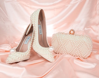 ClassicWeddingPearlShoes&ClutchSet, Pearl Clutch, Bridal Luxury Wedding Event Evening Pearl Clutch, Purse Bag, Shoulder Bag