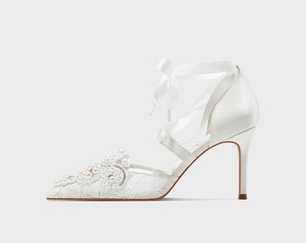 Grace I White Crochet Lace Pointy Toe Heels with Small Pearl Applique, Lace Wedding Shoes, LaceBridalHeels, BridalShoes, WomenWeddingShoes