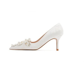 Amelia I White Crochet Lace PointyToe Heels With Small Pearl Applique I LaceWeddingShoes I LaceBridalHeels I BridalShoes I WomenWeddingShoes
