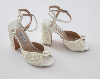 All-Over Pearl Embellishment Chunky Wedding Sandals I BlockBridalHeels I Open-toe Wedding Shoes I Women Pearl Wedding Shoes I Brautschuhe