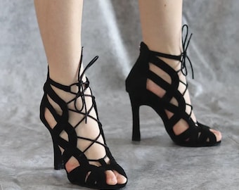 BlackVelvetDanceBoots/LaceUpDanceBooties/HighHeelsShoes/SalsaShoes/BachataShoes/Tanzschuhe/HighHeels/ZapatosDeBailar/MerengueShoes