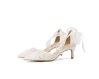 Chloe I Off White Crochet Lace Pointy toe HEELS with Silk Ribbon, Lace Wedding Shoes, Lace Bridal Heels, Bridal Shoes, Women Wedding Shoes