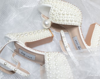 VenusBlockHeel120 I PlatformWeddingShoesWithAll-Over PearlEmbellishment l PlateauBridalHeels I Open-toeWeddingSandals I PearlBridalShoes