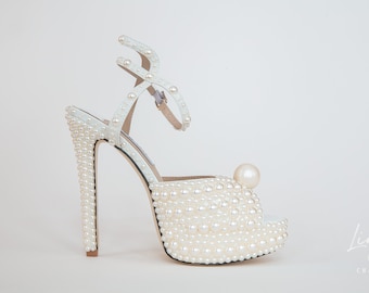 Venus140 I HandMadeWeddingPearlHighHeelsWithPlateau I PearlBridalHeel I BridalShoes I BridesmaidSandals I Open-toeBridal Heels I Brautschuhe
