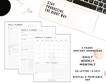 Undated Daily Weekly Monthly Planner | Printable Planner Set (Digital Download)