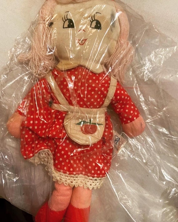 Vintage doll  toy 70s rare cherry apron and red shoes Red and white polka dot dress classic collectible