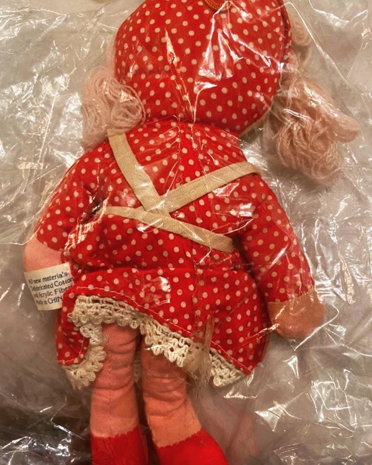 Vintage doll  toy 70s rare cherry apron and red shoes Red and white polka dot dress classic collectible