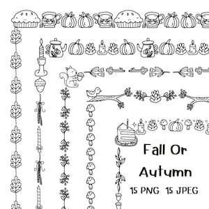 Peut inclure: Illustrations en noir et blanc d'éléments sur le thème de l'automne. L'image comprend des bordures avec des citrouilles, des tasses à thé, des bougies, des glands, des champignons et un écureuil. Le texte indique "Fall Or Autumn".