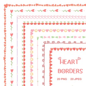 May include: A set of 20 heart-shaped borders in pink, red, and white. The borders are in various styles, including simple lines, hearts, and flowers. The text "HEART BORDERS 20 PNG 20 JPEG" is at the bottom of the image.