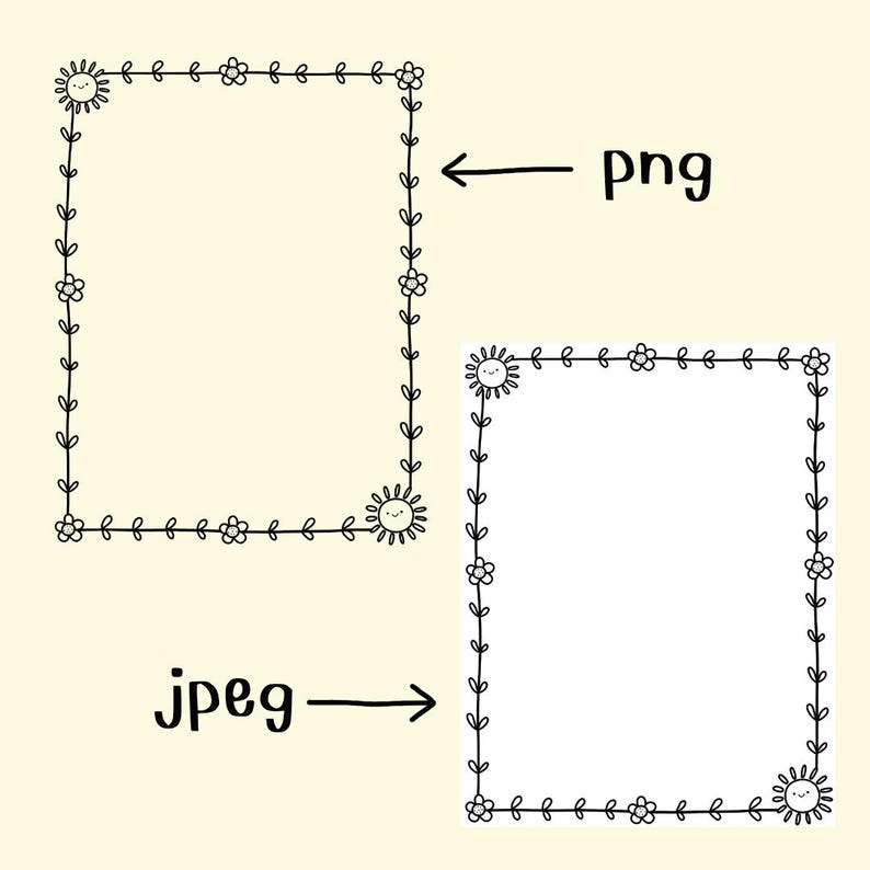 May include: Two black and white frames with a floral and sun design. The frames are empty and ready for text or images. The word "png" is written next to the top frame and the word "jpeg" is written next to the bottom frame.