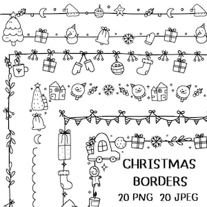 May include: A set of 20 black and white Christmas border illustrations. The borders feature various Christmas icons such as a Christmas tree, a snowman, a bell, a stocking, a gift, a gingerbread man, a house, and a car. The text "CHRISTMAS BORDERS 20 PNG 20 JPEG" is at the bottom of the image.