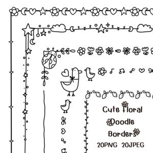 May include: Black and white doodle borders with various designs, including flowers, stars, hearts, and birds. The image includes the text "Cute Floral Doodle Borders 20PNG 20JPEG."