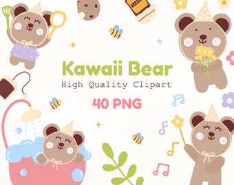 Kawaii Bear Clipart, Cute Bear, Cute Animal, Birthday, Baby Showers, Picnic, Party, Illustration, Digital Download, Commercial Use, PNG