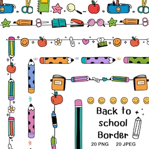 Può includere: Un bordo colorato di ritorno a scuola con matite, pastelli, forbici, una lente d'ingrandimento, un libro, una graffatrice, una custodia, una mela, una stella, un cuore, un fiore e facce sorridenti. Il testo "Back to school Border" è nella parte inferiore dell'immagine. Il testo "20 PNG 20 JPEG" è sotto il testo "Back to school Border".