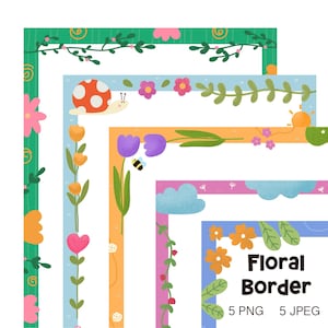 May include: A set of five floral border designs in PNG and JPEG format. The borders feature a variety of colourful flowers, leaves, and other elements, including a ladybug, a bee, and a sun.
