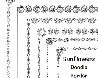 May include: Black and white doodle borders featuring various designs, including sunflowers, hearts, smiley faces, and bows. The image includes the text "Sunflowers Doodle Border" and the file formats "10 PNG 10 JPEG".
