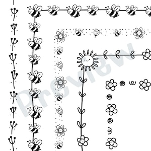 May include: Black and white illustration of a bee and flower border. The border features bees flying around flowers, a sunflower, and a vine with leaves. The border is perfect for adding a touch of whimsy to any project.