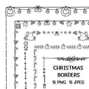 Puede incluir: Un conjunto de 15 ilustraciones de bordes navideños en blanco y negro. Los bordes presentan varios elementos navideños como bastones de caramelo, coronas, estrellas, campanas y copos de nieve. El texto "CHRISTMAS BORDERS 15 PNG 15 JPEG" está en la parte inferior de la imagen.