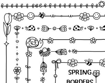 May include: Black and white line art borders featuring floral and insect designs. The borders include daisies, leaves, bees, ladybugs, and a snail. The text "SPRING BORDERS" is also included.