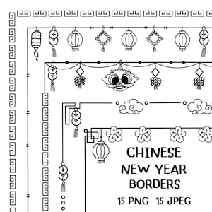 Puede incluir: Ilustraciones en blanco y negro de bordes de Año Nuevo chino. Los bordes presentan linternas, nubes, flores y una máscara de danza del león. El texto "CHINESE NEW YEAR BORDERS 15 PNG 15 JPEG" está en la parte inferior de la imagen.