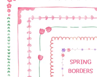 May include: A set of 10 watercolor spring borders in pink and green. The borders feature flowers, leaves, and other spring-themed designs. The text "SPRING BORDERS" is written in pink letters. The text "10 PNG" and "10 JPEG" is written in black letters.