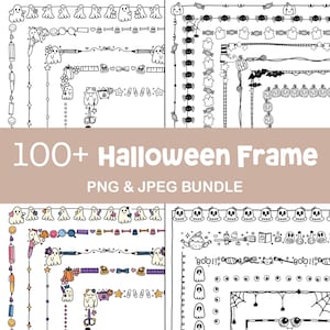 Puede incluir: Un paquete de arte digital con más de 100 marcos con temática de Halloween en formatos PNG y JPEG. Las ilustraciones en blanco y negro incluyen fantasmas, arañas, calabazas y otros elementos espeluznantes. El texto dice "100+ Halloween Frame PNG & JPEG BUNDLE."