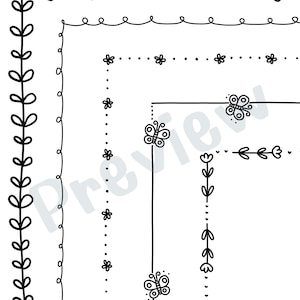 May include: A black and white printable page with a decorative border featuring butterflies and flowers. The page is divided into three sections with different border styles.