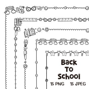 Könnte beinhalten: Schwarz-weiße Strichzeichnungen zum Thema Schule, darunter Regenbogen, Herzen, Sterne und der Text "Back To School". Das Bild enthält Bordüren, Kritzeleien und dekorative Elemente für digitales Design.