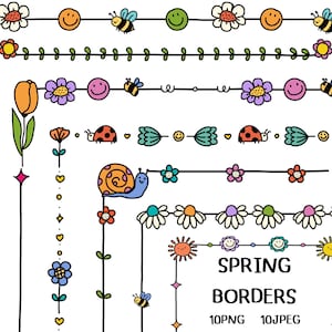 May include: A set of 10 spring-themed borders featuring various colorful elements like flowers, bees, ladybugs, and smiley faces. The borders are perfect for adding a touch of spring to your designs.