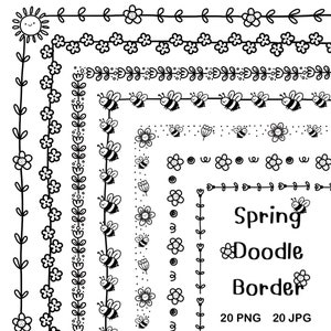 May include: A set of 20 black and white spring doodle borders featuring bees, flowers, and leaves. The borders are perfect for adding a touch of whimsy to your projects.  20 PNG and 20 JPG files included.