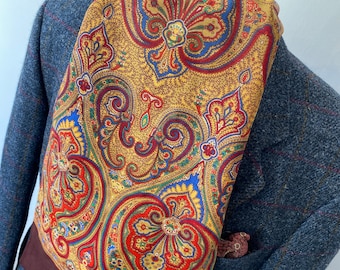 Vintage mens Stunning Ornate Multi Colour Paisley Brown pure Wool Ornate Psychedelic Bohemian Wool Feel Long Scarf