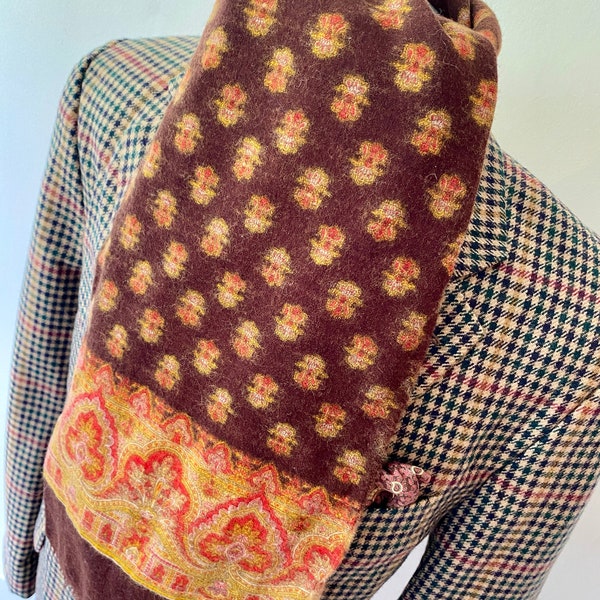 ACE vintage mens indie/mod 1970's Brown wool retro paisley pattern long scarf