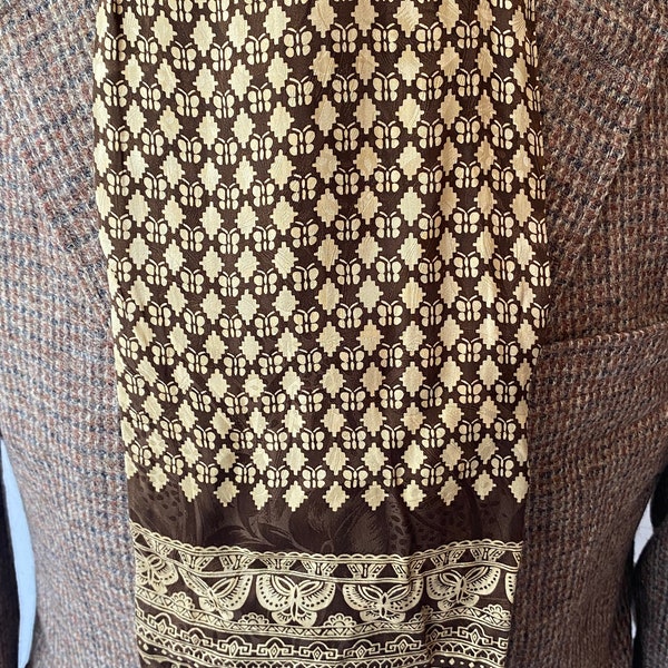 ACE mens vintage 1970's indie/mod brown and beige retro oriental pattern pure silk long scarf with end frills