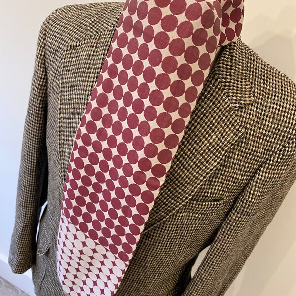 VINTAGE mens indie/mod grey & burgundy circle pattern cotton feel long narrow scarf cravat