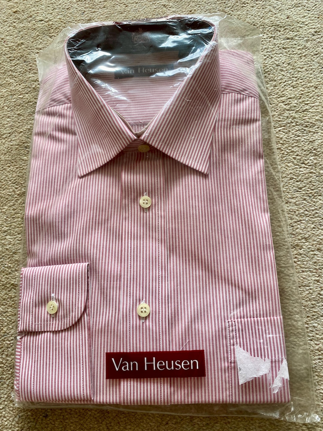 van heusen pink dress shirt Vintage 70s Van Heusen Striped Shirt: Pink & Gray Poly Cotton, 44