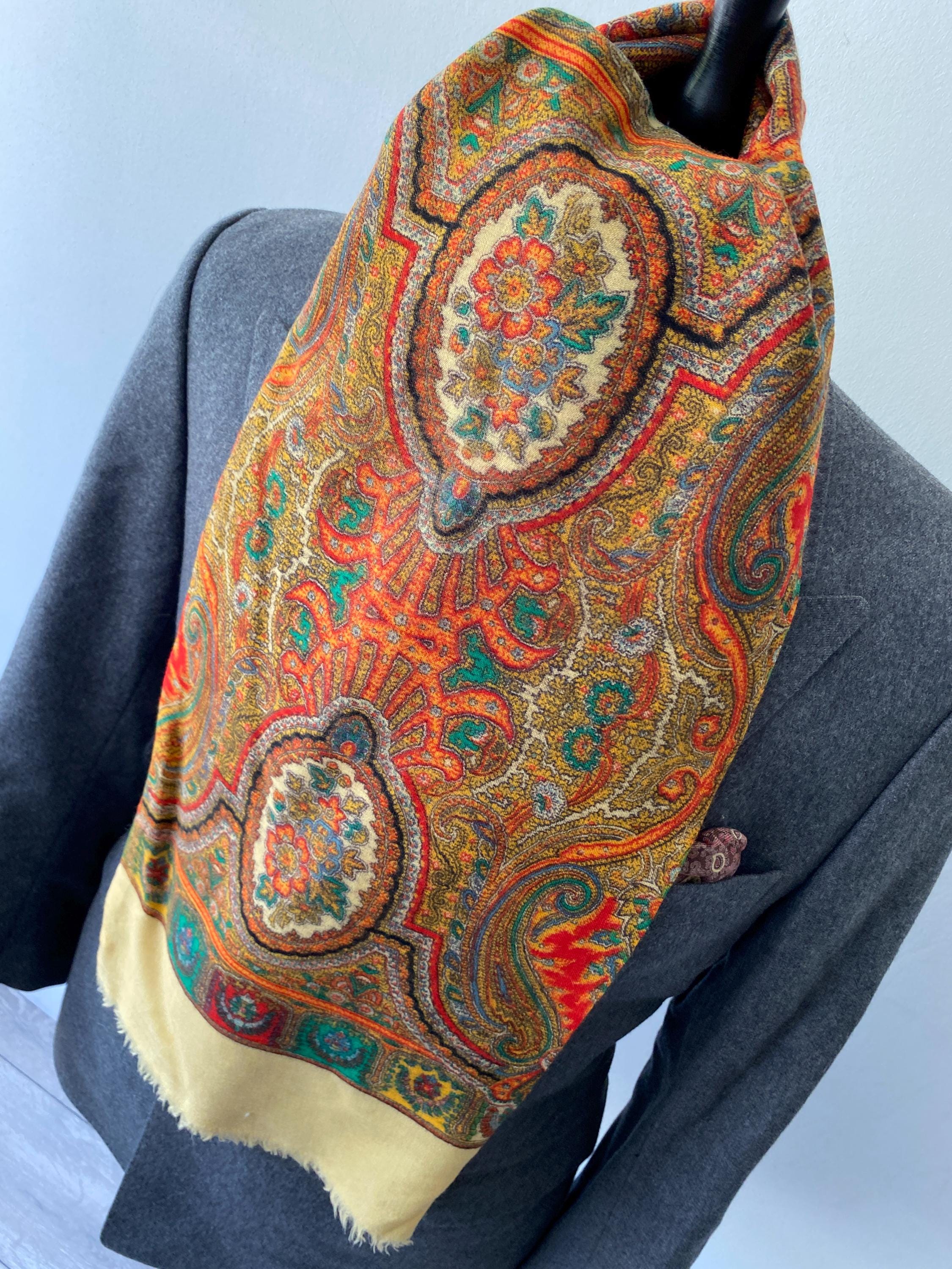 Vintage Men's Stunning Ornate Multi Colour Gold Beige Scarves Ornate Double Psychedelic Bohemian Wool  Feel Long Scarf Mens Mod Scarf