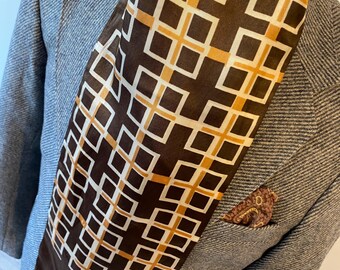 Vintage 1970's Indie Mod Scarf: Brown Beige Check Polyester Silk look long scarf