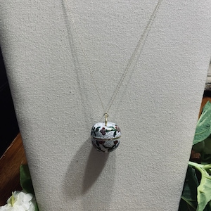 Vintage Chinese Cloisonné White Gold Blue Red Apple Pendant on 14k GP/Sterling Chain