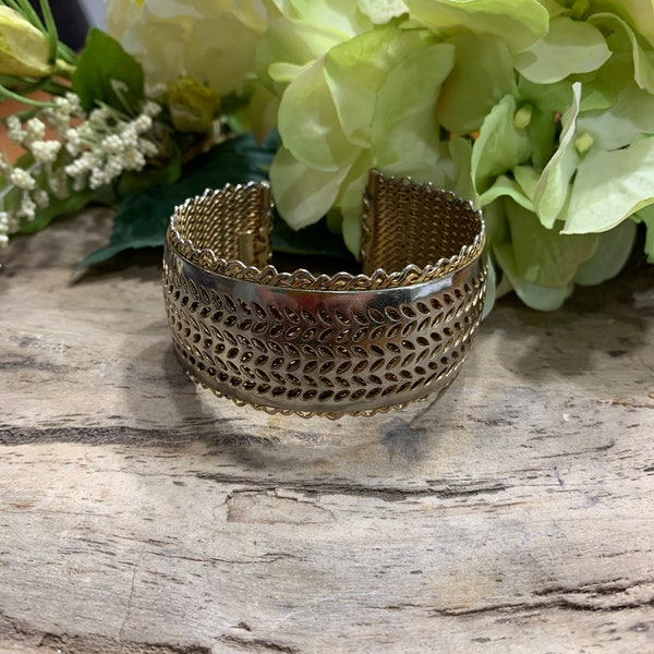 Vintage Two Tone Signed Volupté Perforated Cuff Bracelet