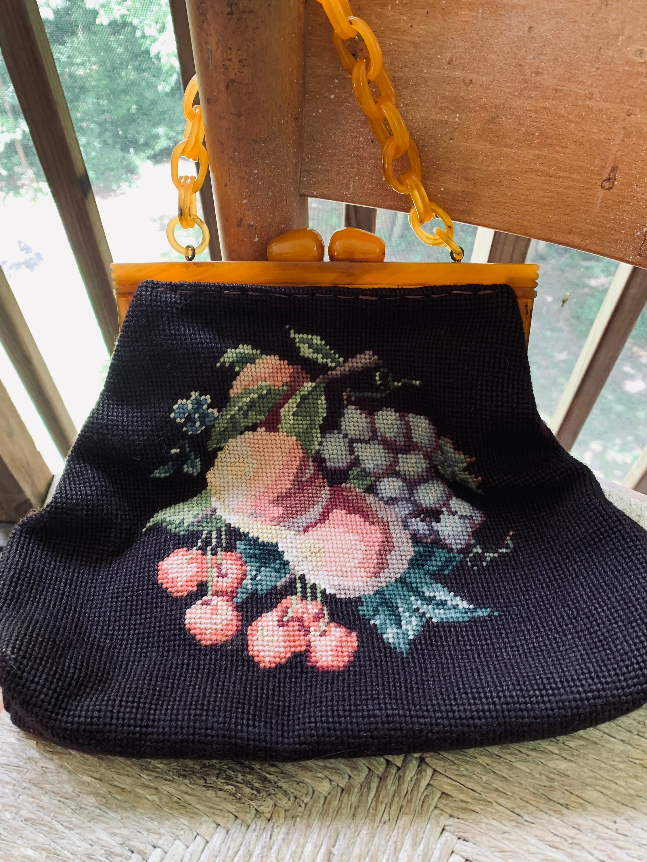 Vintage Mardor Jackie Balough Butterscotch Bakelite Handle/Frame Dark Brown Needlepoint Fruit 1940s Purse
