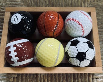 Vintage Modern NOS HTC Golf World California Six Different Sports Type Golf Balls in Original Wooden Box