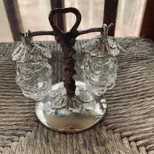Vintage Price Imports Japan Made for APCO Silver Plated Stand w/ Clear Glass Grape Clusters Salt & Pepper Shakers
