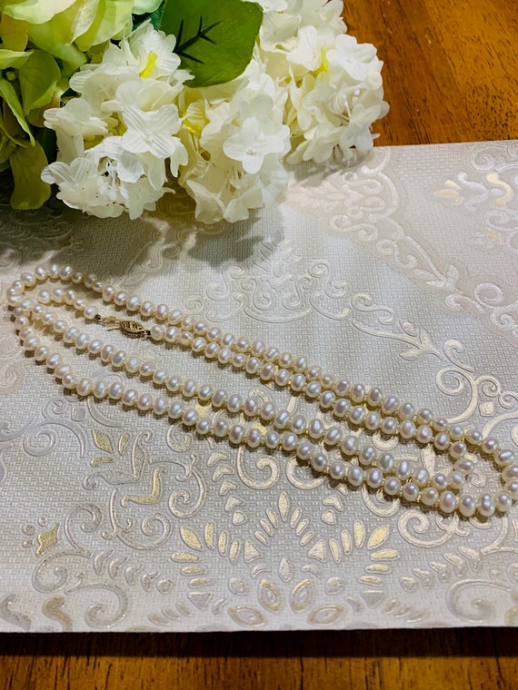 Long Vintage Pearl Necklace w/ 14k Gold Clasp - image 2