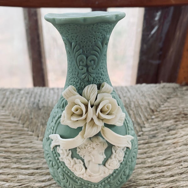 Vintage JTS International Cameo Mint Green Matte Porcelain Bud Vase