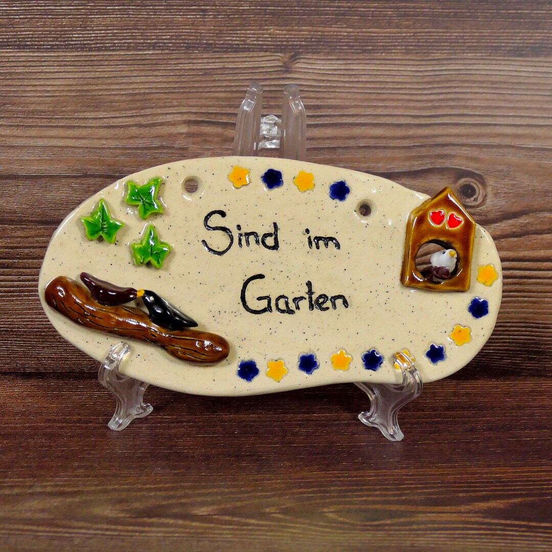 Keramik Schild Sind im Garten, Schilder , Wanddeko, Vögel, Blätter ...