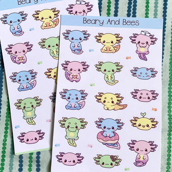 Axolotl Sticker Sheet | Cute Amphibian, Salamander, Animal Stickers | Gifts for Bullet Journal, Planners, Scrapbooking